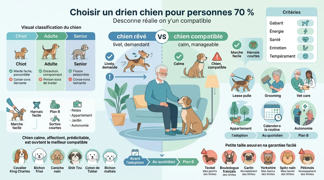 Infographie sur le choix d'un chien pour une personne âgée, illustrant compatibilité, besoins et conseils pratiques.