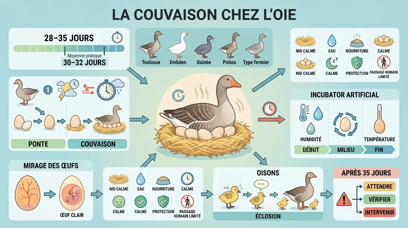 Infographie éducative illustrant combien de temps une oie couve, montrant le processus de ponte à éclosion avec des visuels clairs.