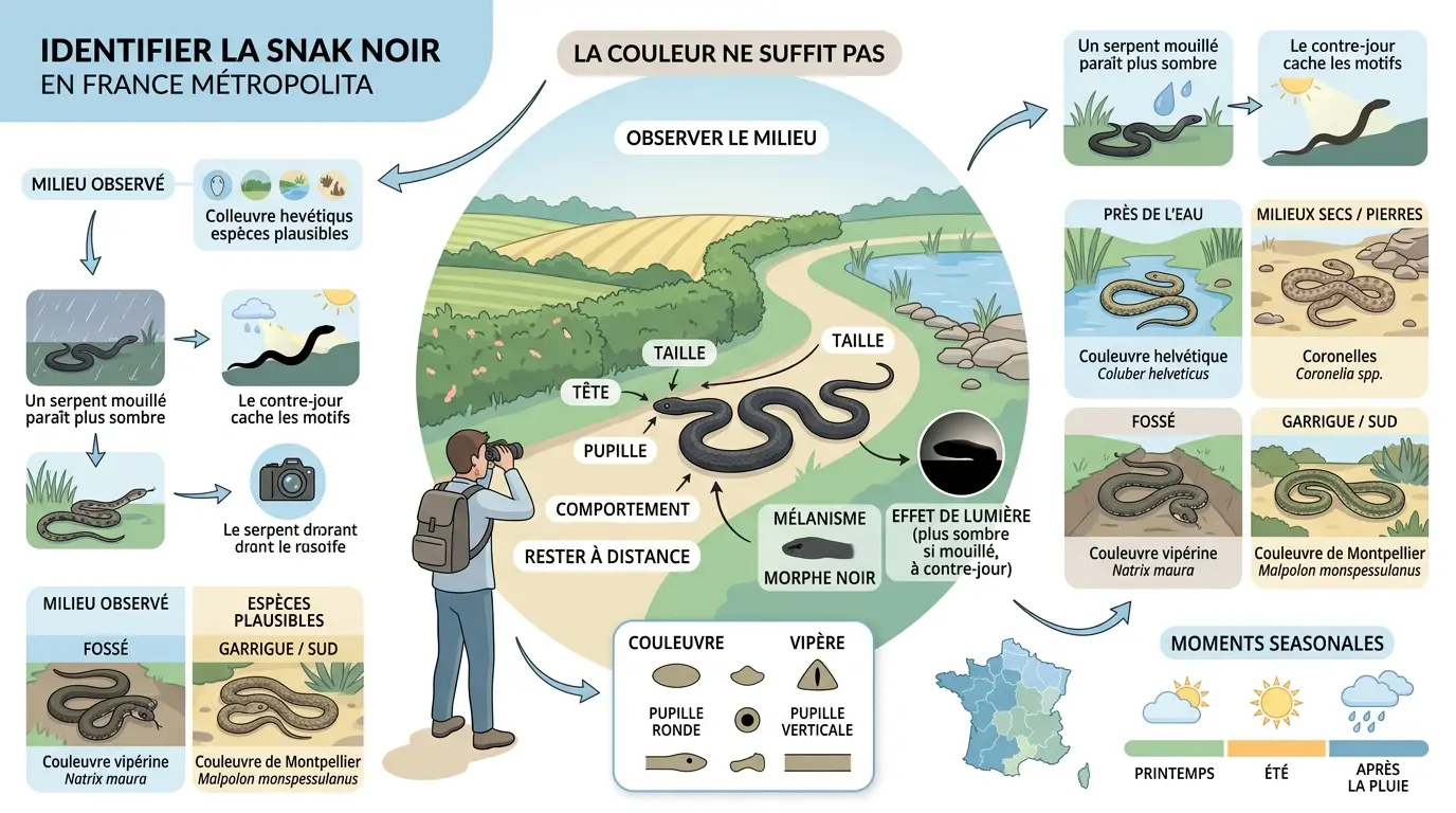 Infographie éducative sur la couleuvre noire France, identification par habitat, taille, et caractéristiques visuelles.