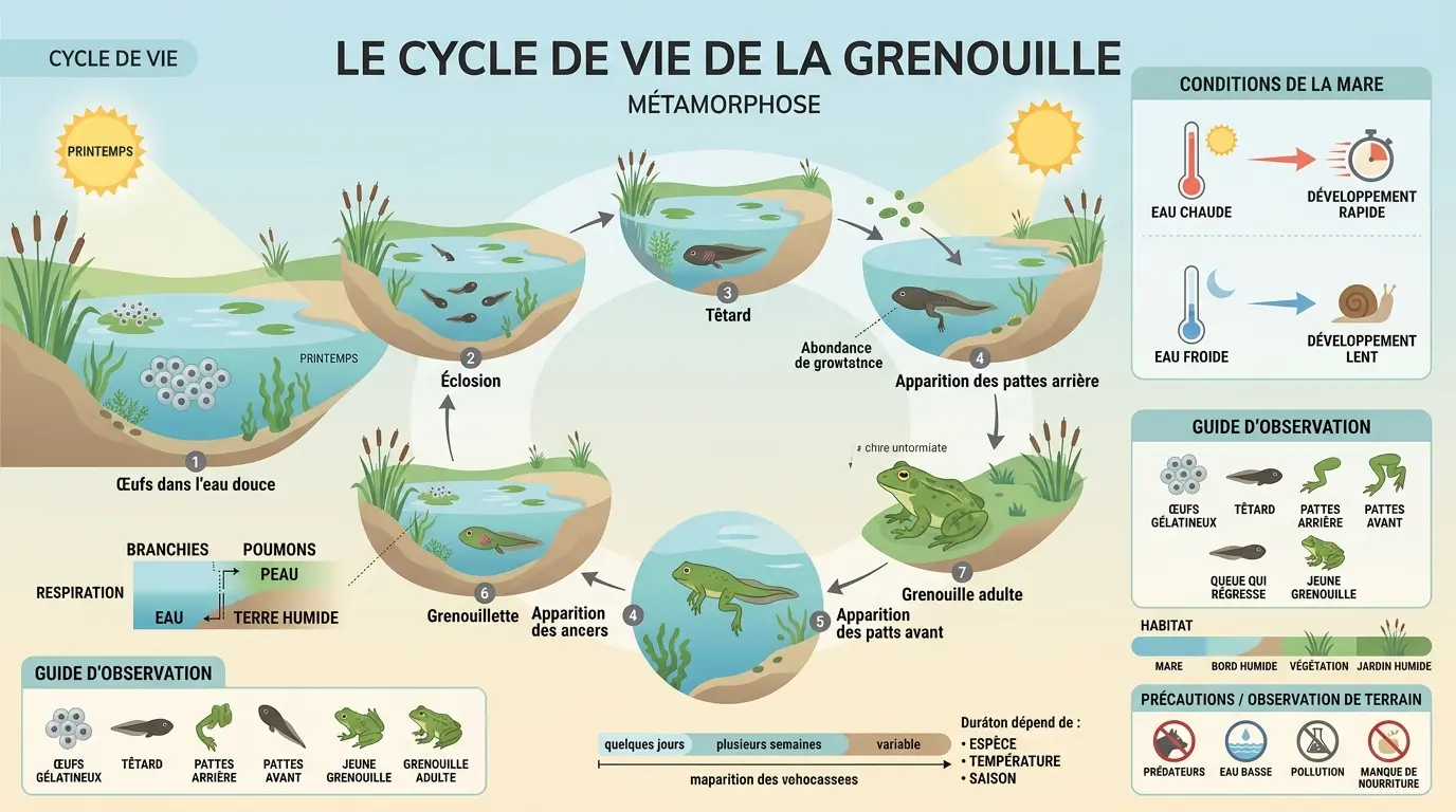 Infographie éducative sur le cycle de vie de grenouille, illustrant la métamorphose et les habitats associés.