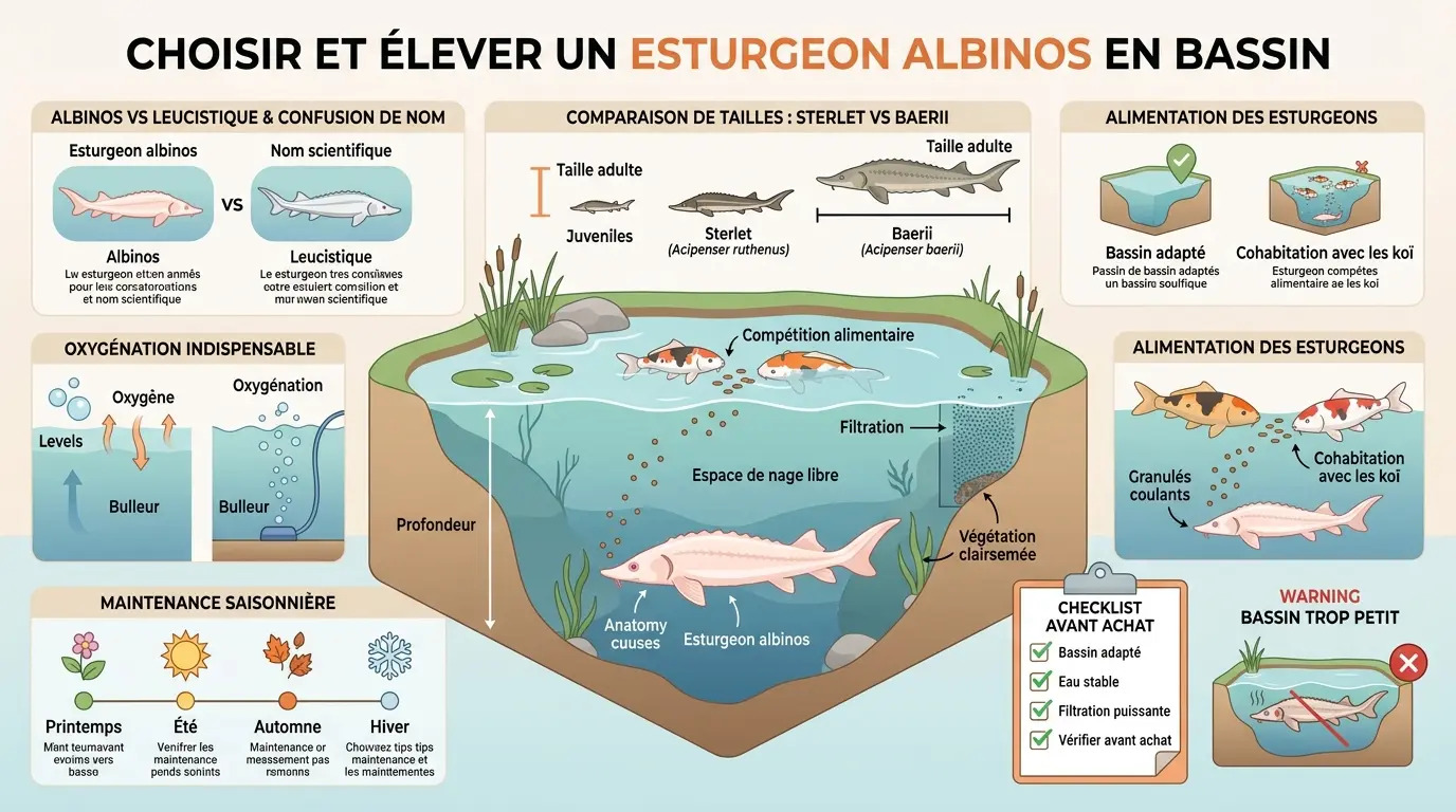 Infographie éducative sur l'esturgeon albinos, montrant son habitat, besoins, taille adulte et cohabitation avec les koïs.