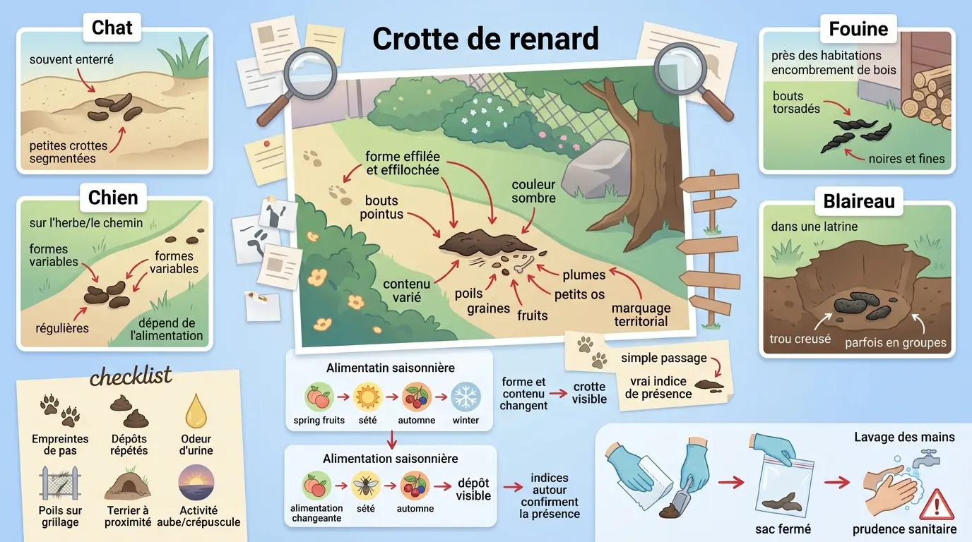 Infographie éducative sur l'identification de l'excrément de renard dans le jardin, avec comparaisons et conseils pratiques.