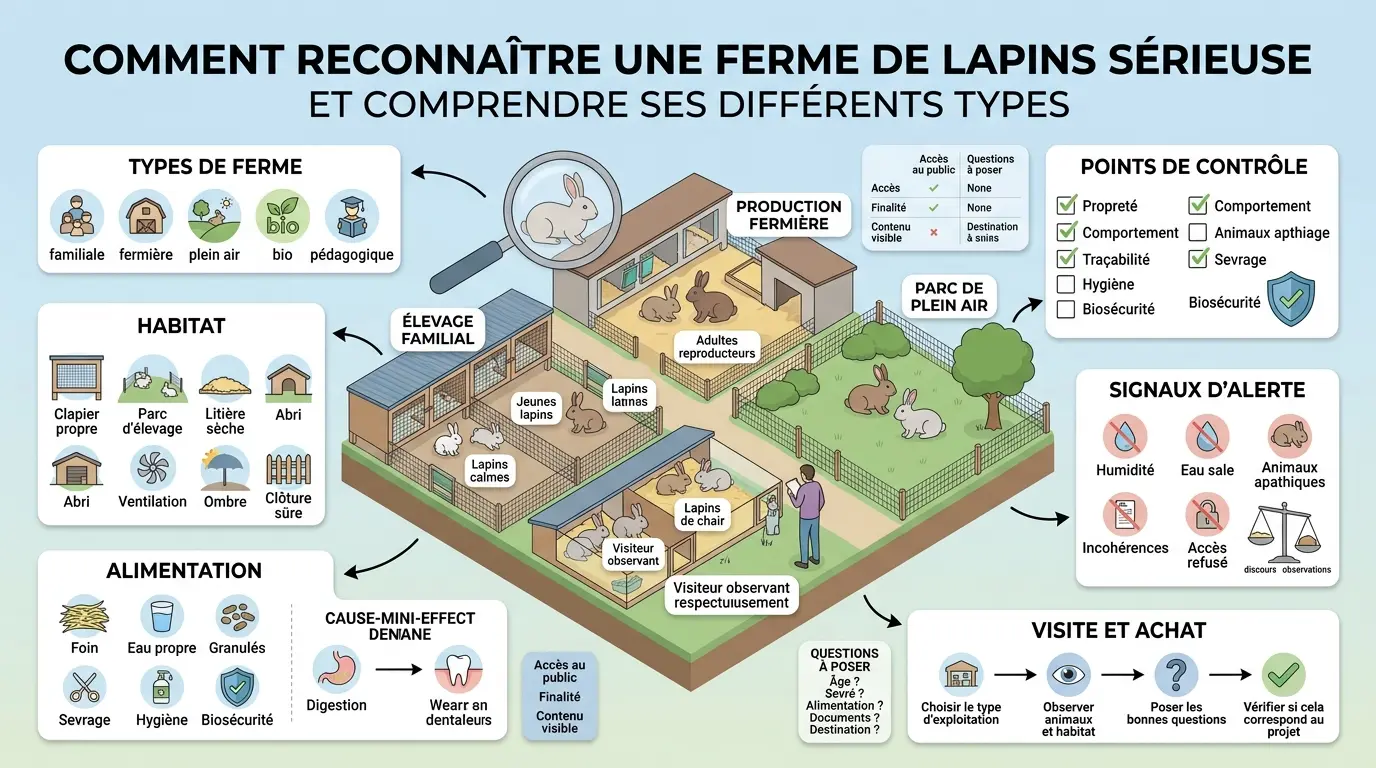 Infographie éducative sur la ferme de lapins, présentant types, habitat, alimentation et points de contrôle.
