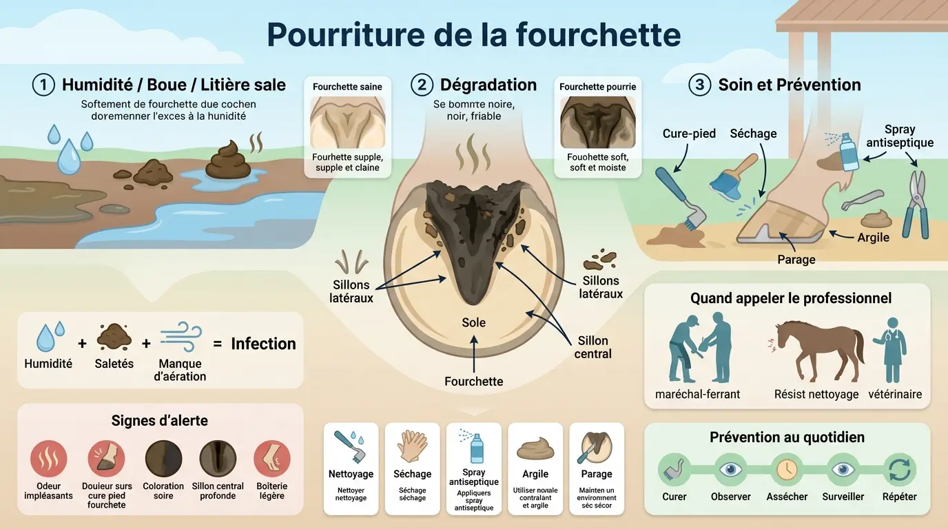 Infographie sur la fourchette pourrie cheval, montrant les étapes de dégradation, soins et prévention avec illustrations claires.