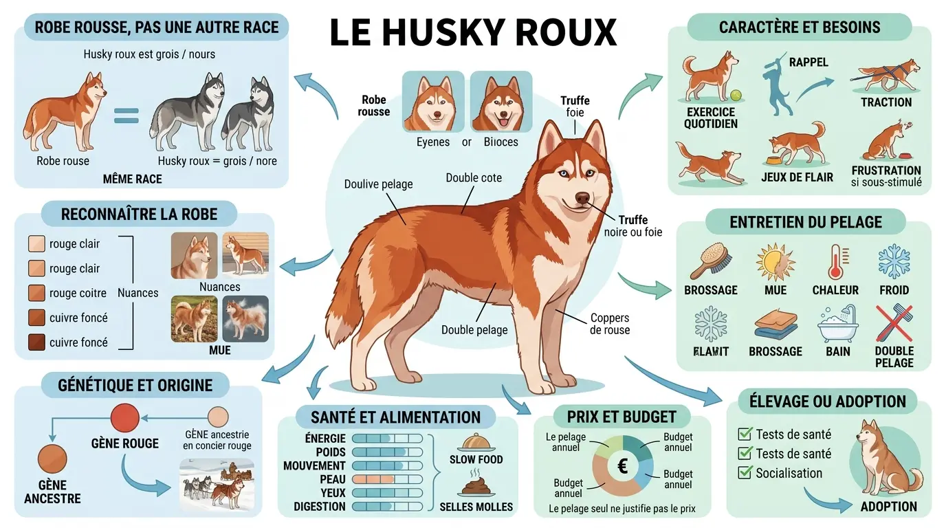 Infographie éducative sur le husky roux, illustrant ses caractéristiques, génétique, entretien et besoins.