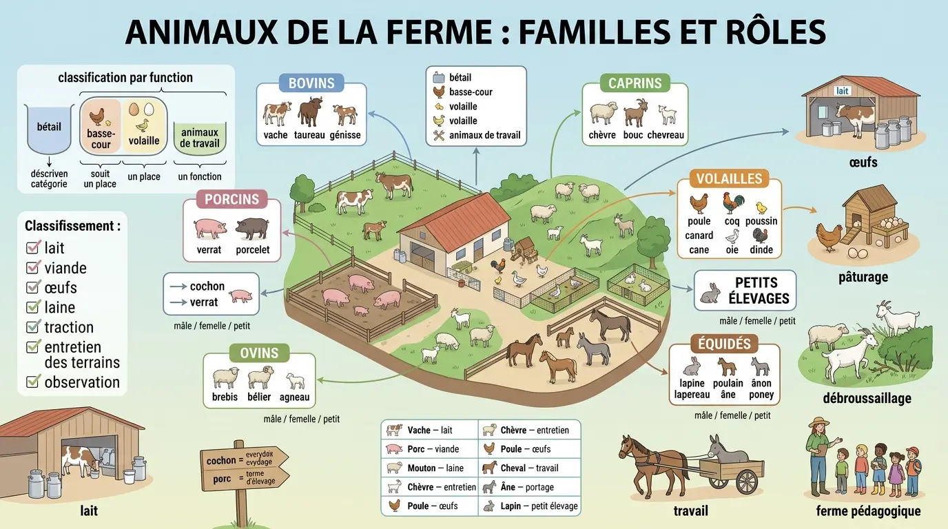 Infographie éducative sur la liste animaux de la ferme, illustrant familles et rôles avec zones colorées et métaphores visuelles.