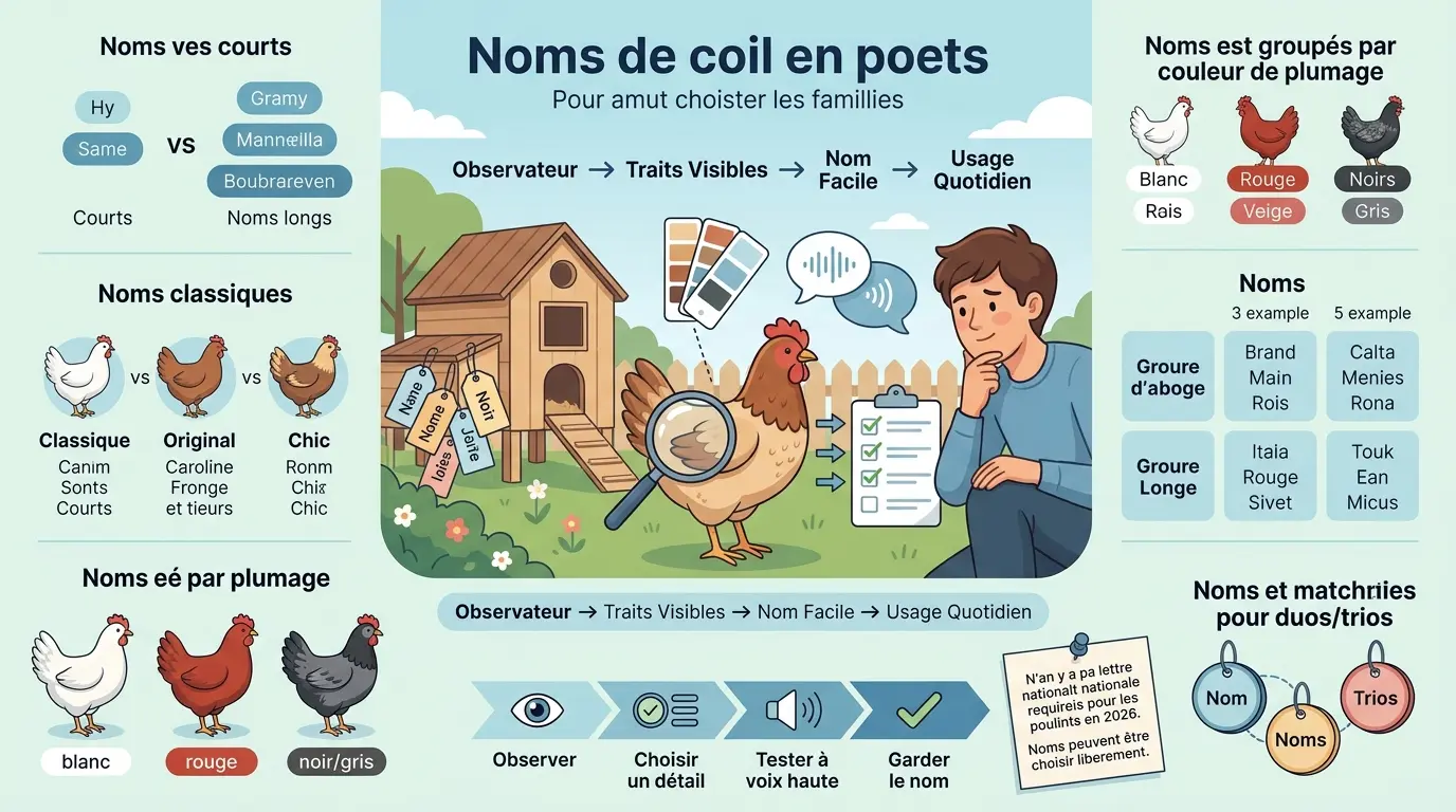 Infographie éducative sur le choix d'un nom pour une poule, avec illustrations et conseils visuels.