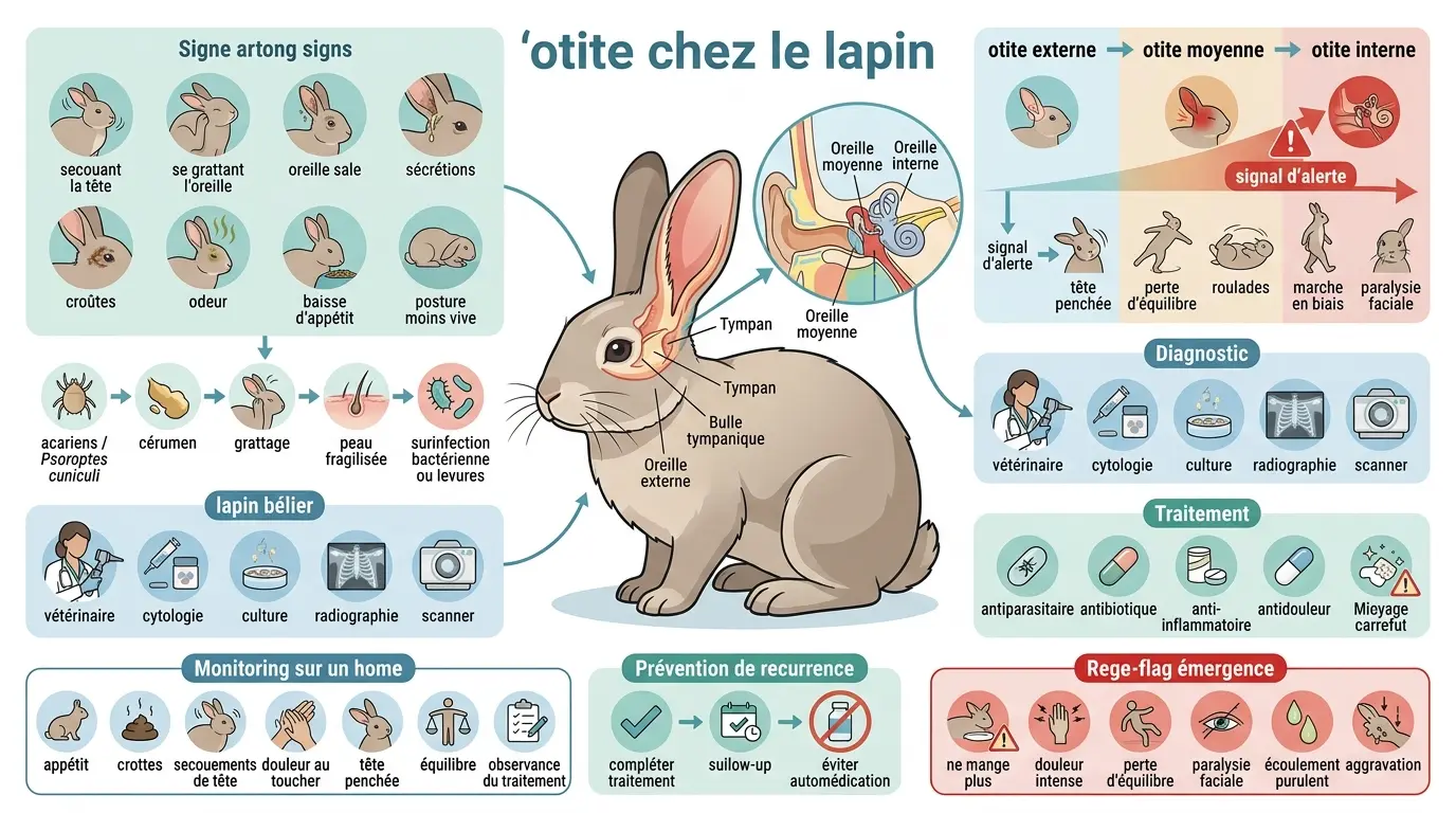 Infographie éducative sur l'otite lapin, montrant l'anatomie de l'oreille et les signes, causes, diagnostics et traitements.