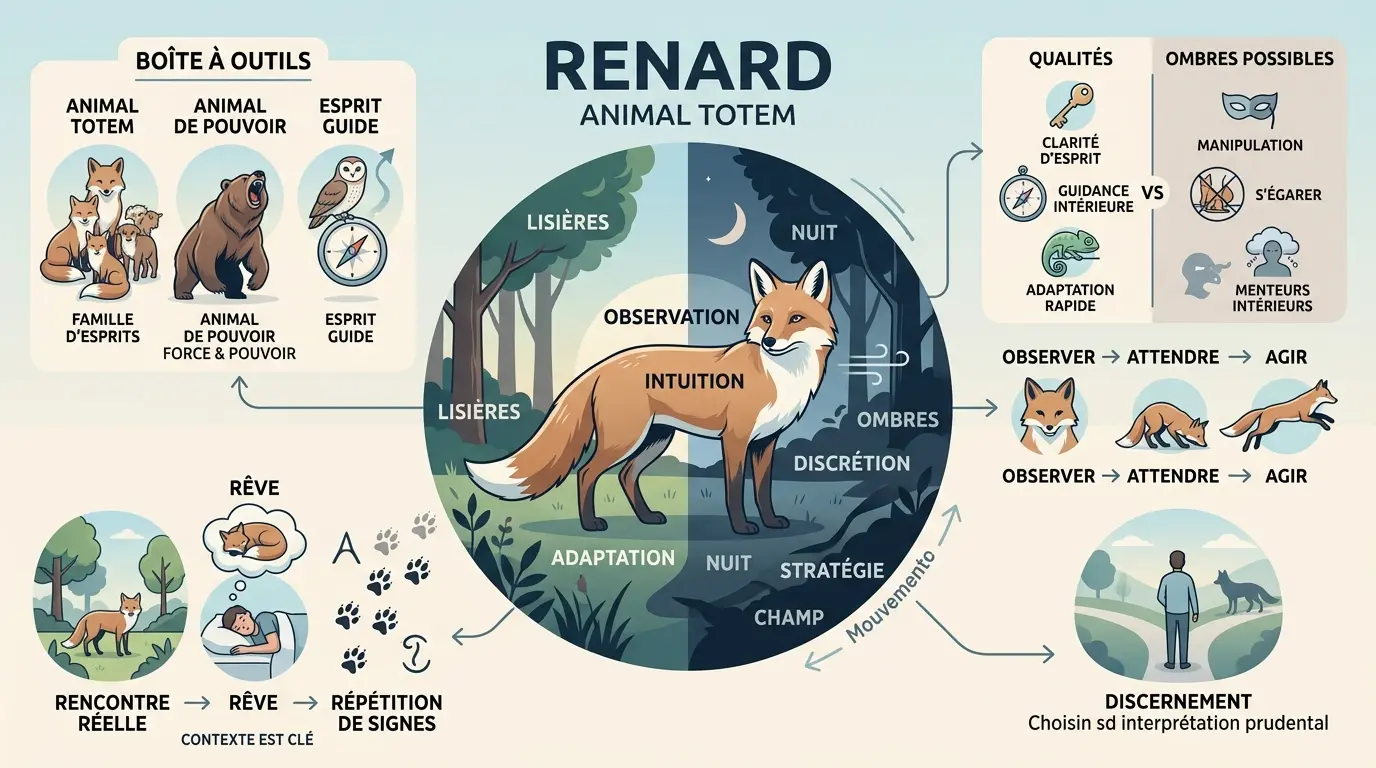 Infographie éducative sur le renard animal totem, illustrant sa signification spirituelle et ses qualités.