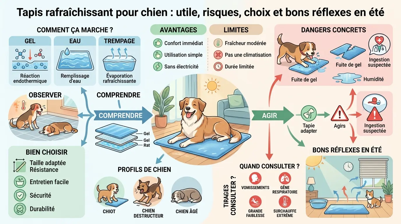 Infographie sur tapis rafraîchissant chien danger, montrant un chien, ses comportements, risques et conseils d'utilisation en été.