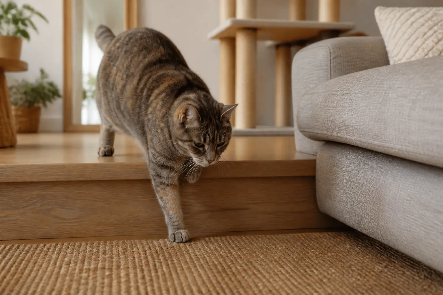 Chat domestique hésitant près d’un canapé, signes d’arthrose chat dans un intérieur chaleureux et naturel