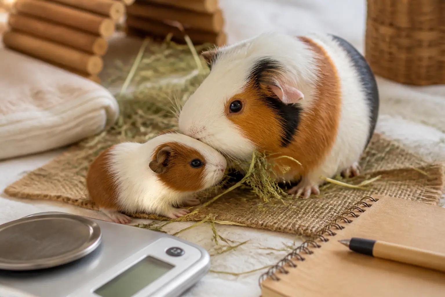 bebe cochon d'inde avec sa mère, sur litière de foin, balance et carnet pour suivi du poids, ambiance douce et rassurante