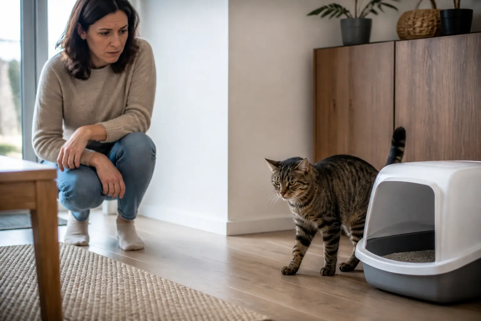 Propriétaire observant un chat mâle près de sa litière, signes de cystite chat et ambiance inquiète à la maison