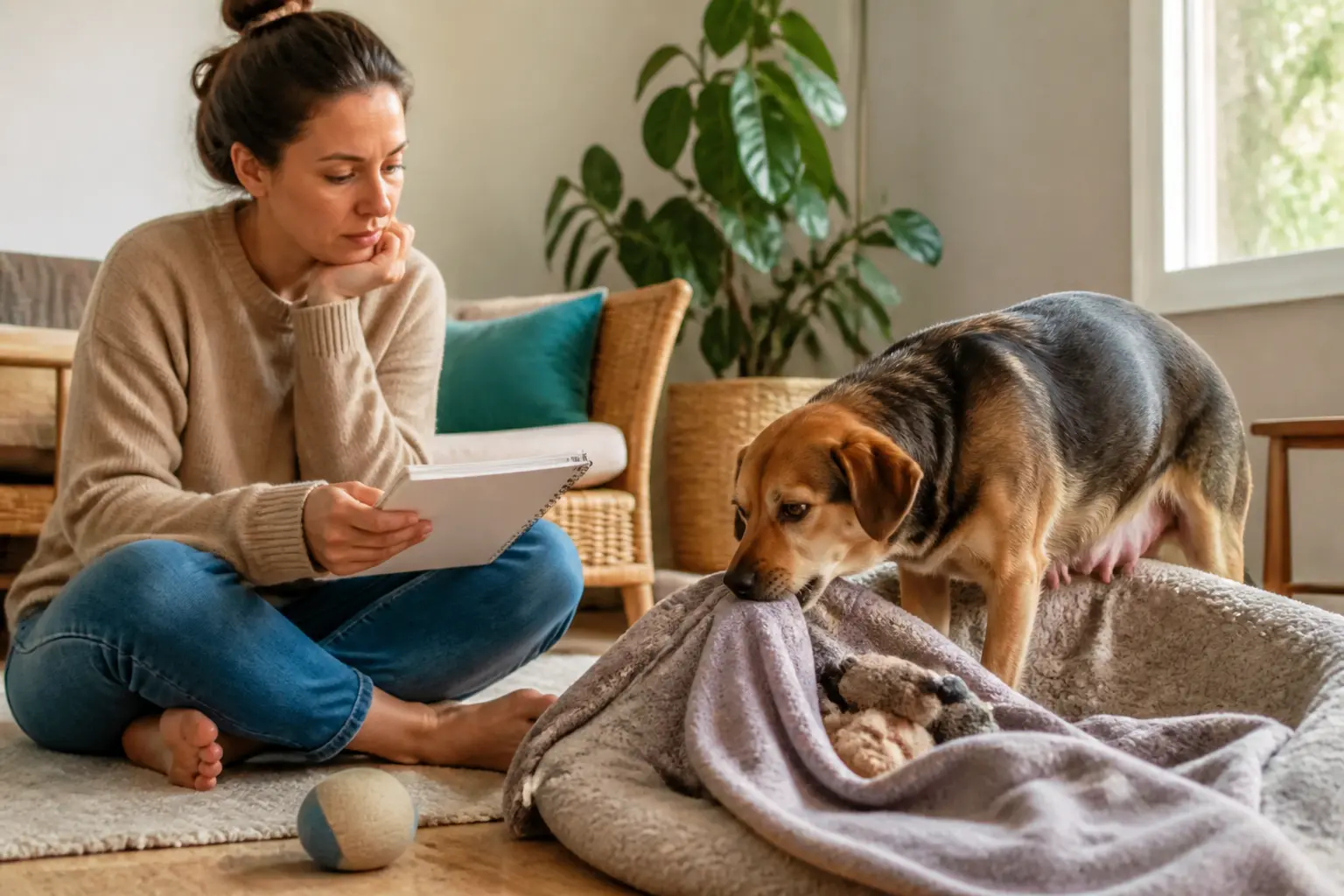 Grossesse nerveuse chien : chienne après ses chaleurs, propriétaire attentive, nidifie avec ses jouets dans un intérieur chaleureux.