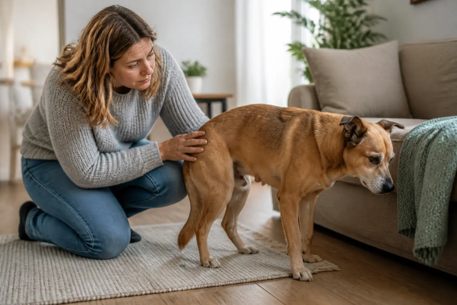 Propriétaire inquiet observant un chien hésitant près du canapé, évoquant une hernie discale chien à la maison