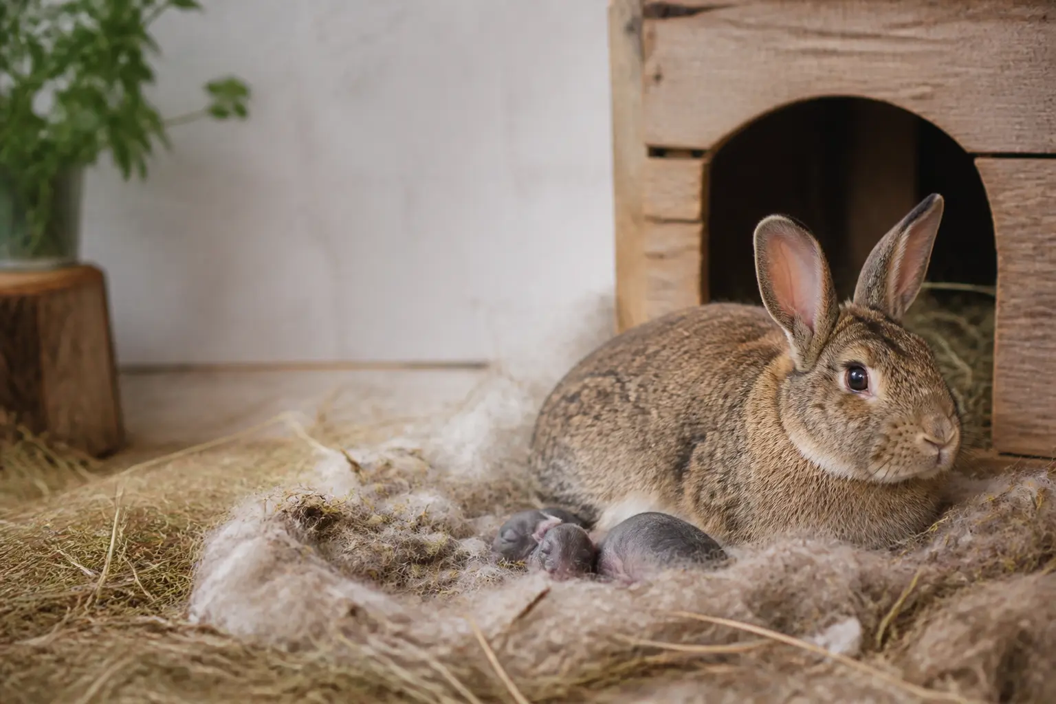 Lapine gestation : lapine calme dans un nid naturel avec foin, boîte de mise bas et lapereaux nouveau-nés, lumière douce