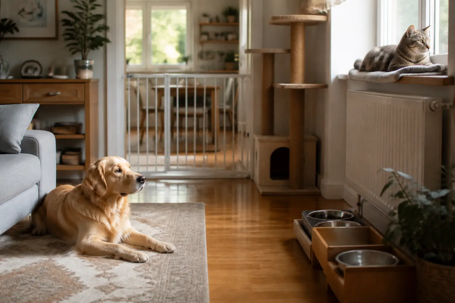 Race de chien incompatible avec les chats : chien calme et chat séparé, cohabitation sereine dans un salon chaleureux