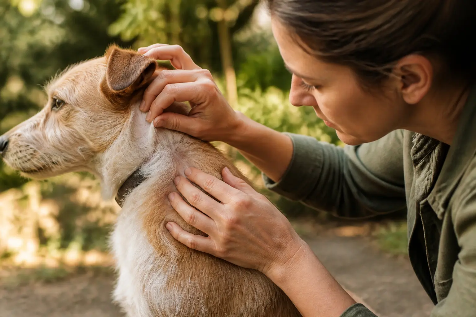 Inspection des tics et chiens : propriétaire écartant le pelage d’un chien en jardin, vigilance après la promenade