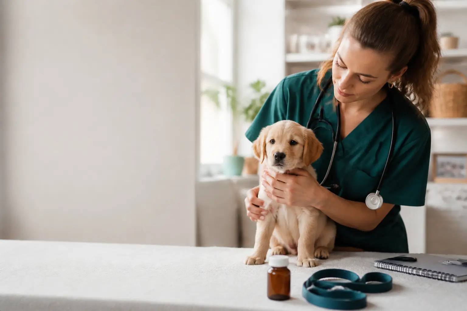 Vermifuge chiot : vétérinaire examinant un jeune chiot sur table, soins préventifs et accessoires de santé en fond