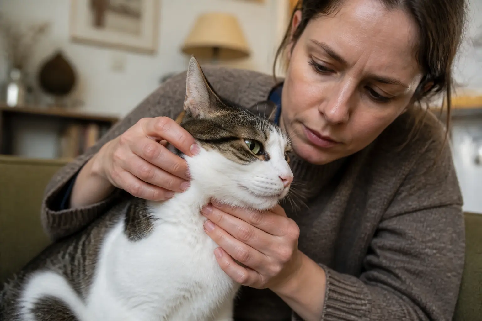 Propriétaire examinant un chat domestique avec abcès chat suspecté sur la joue, intérieur chaleureux, regard inquiet