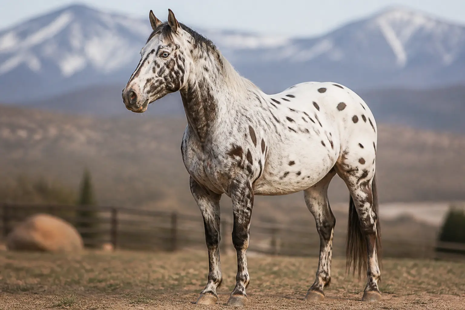 Appaloosa en plein corps dans un paysage rural, robe tachetée, sabots zébrés et regard calme, ambiance western naturelle