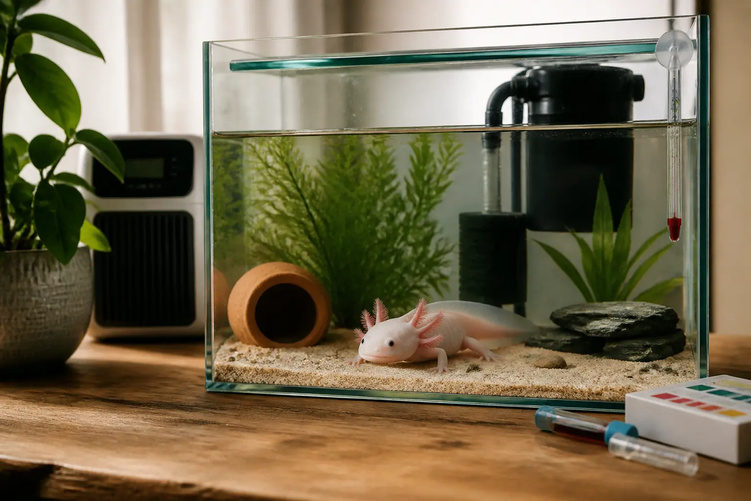 Axolotl prix en aquarium propre, avec filtre, thermomètre et cachettes, pour un achat responsable en France