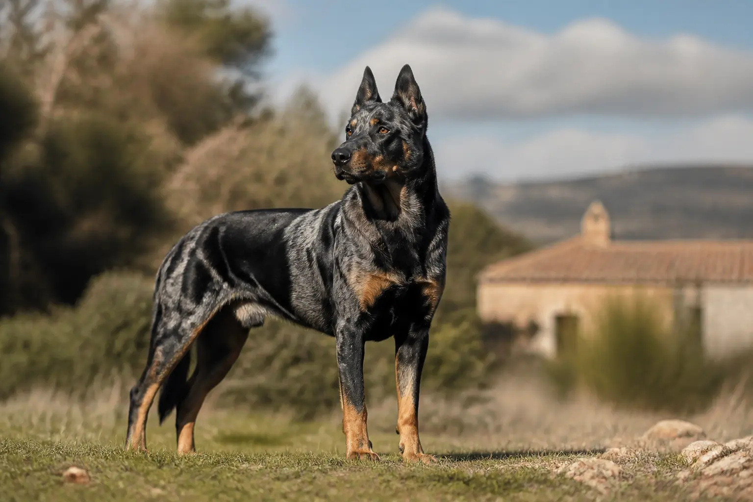 Beauceron arlequin majestueux en extérieur, pelage court tacheté, regard alerte, ambiance campagne française
