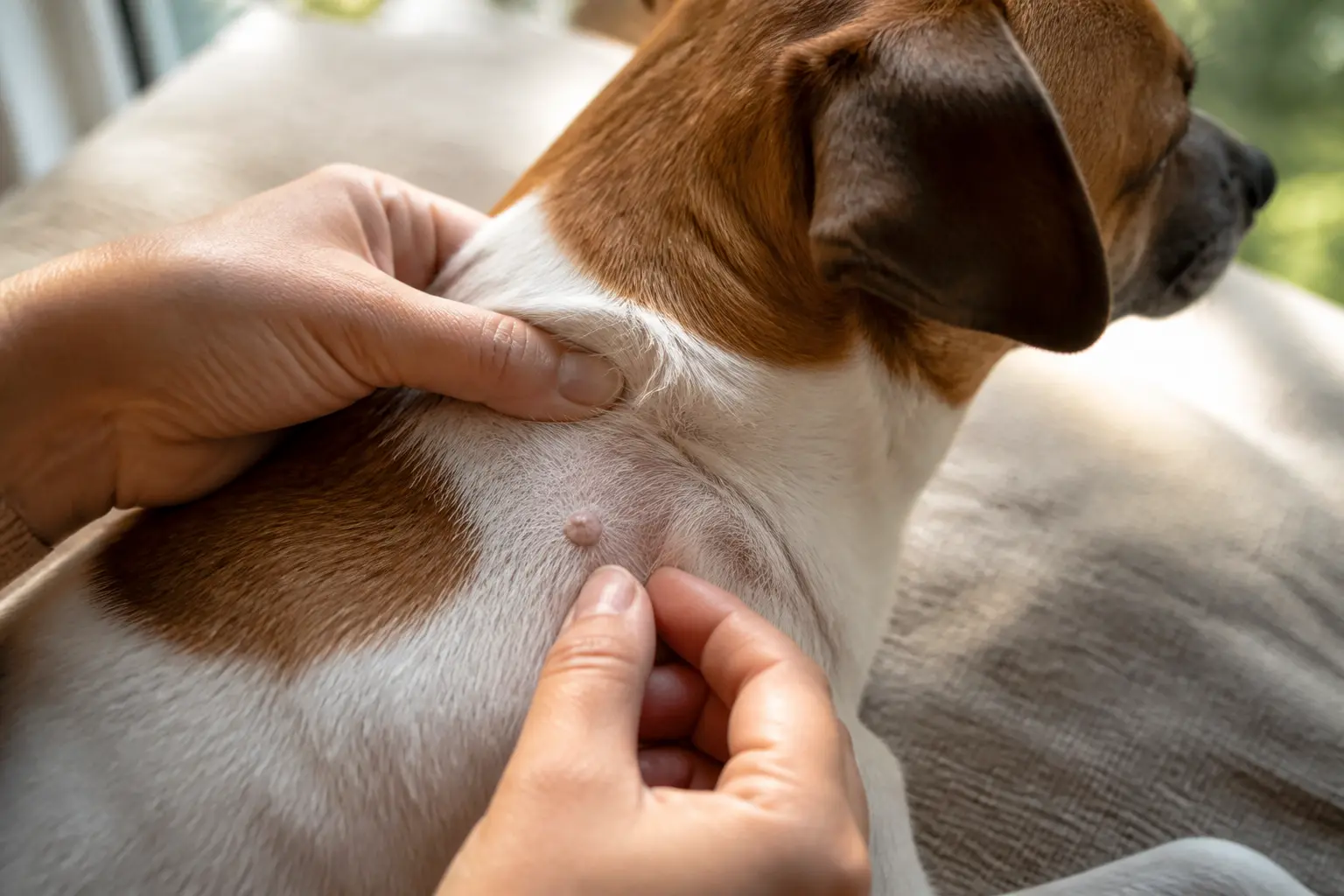 Main d’un propriétaire examinant une boule de graisse sous la peau d’un chien calme, en lumière naturelle