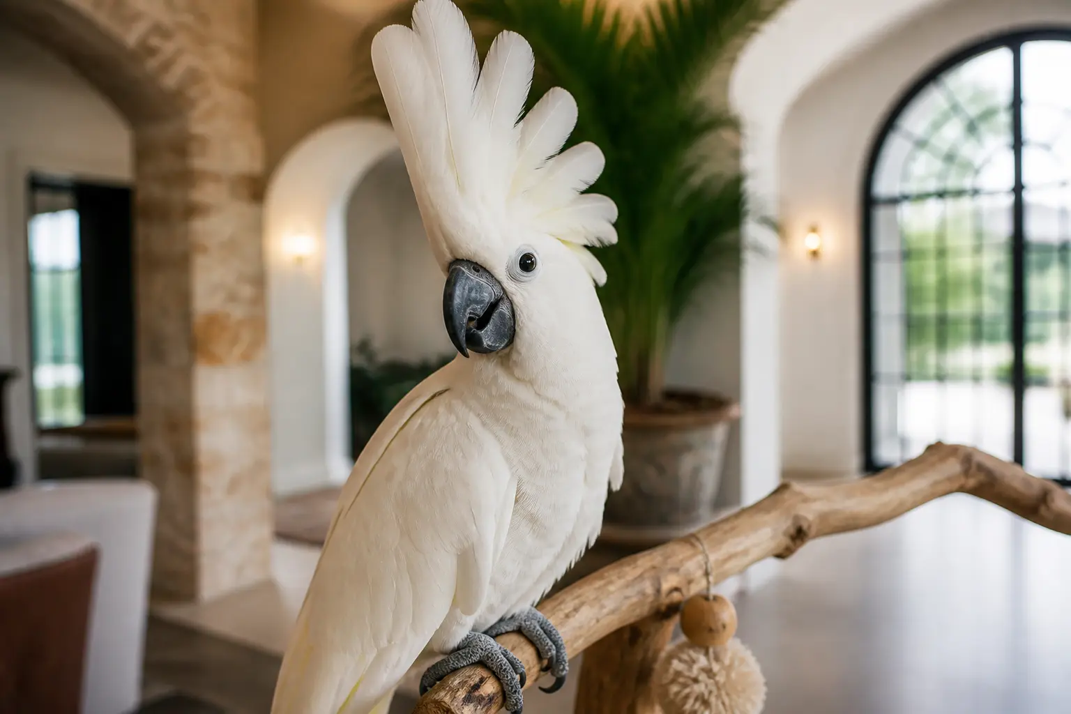 Cacatoès majestueux perché dans un intérieur chaleureux, regard vif, jouets discrets et perchoirs en bois naturel.
