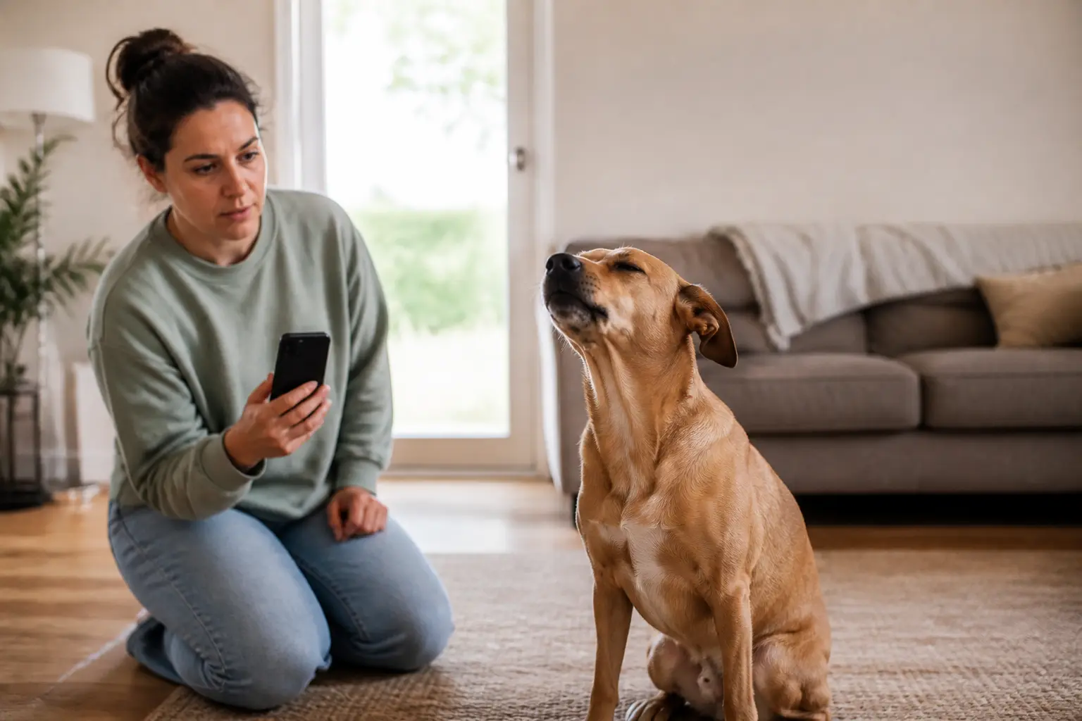 Propriétaire attentif observant un chien qui tousse légèrement dans un intérieur calme et lumineux