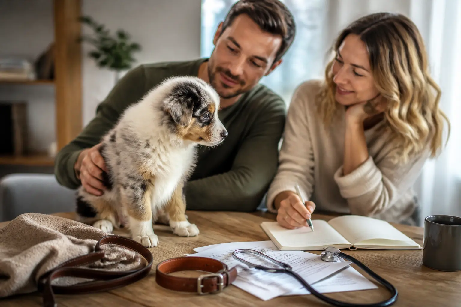 Chiot berger australien en famille, avec carnet, documents vétérinaires, laisse et collier pour bien le choisir en France