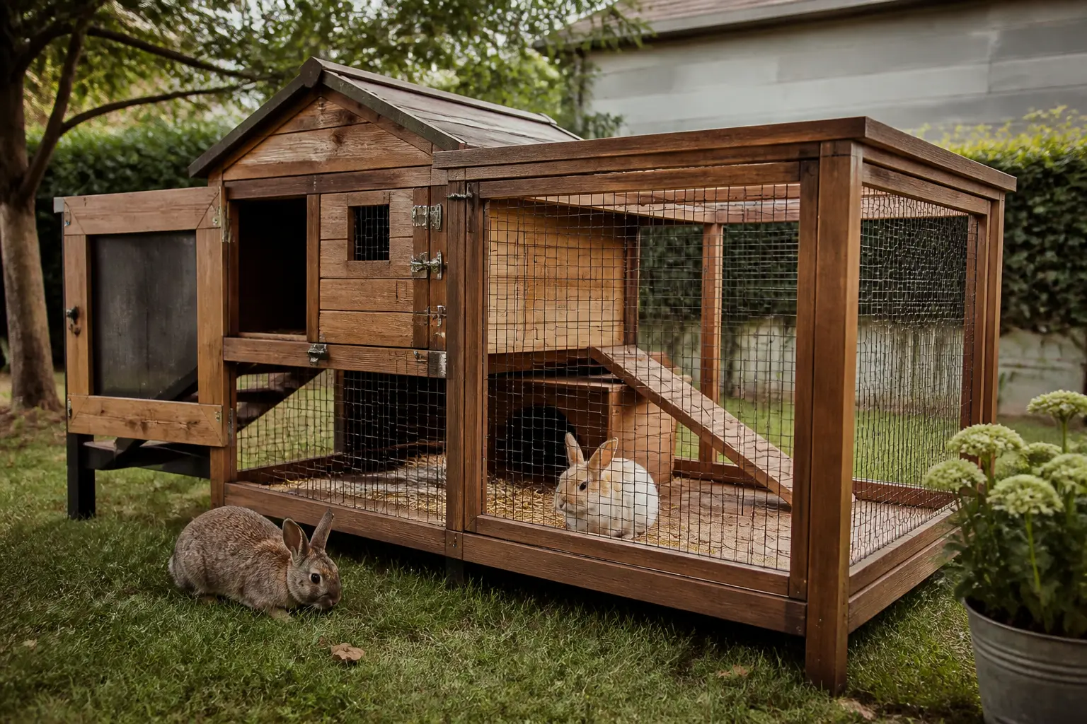 Clapier lapin extérieur en bois dans un jardin sécurisé, avec lapins au repos, abri spacieux et protégé.