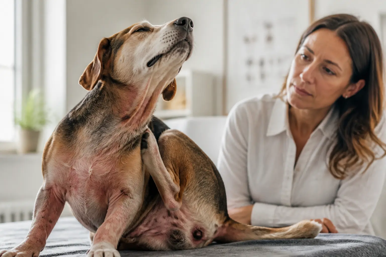 Dermatite chien : gros plan d’un chien calme avec rougeurs et grattage, observé par un vétérinaire attentif.