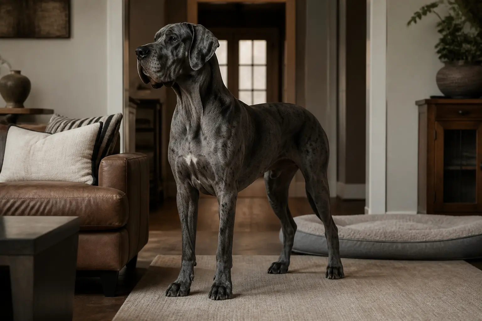 Dogue allemand taille impressionnante dans un intérieur moderne, silhouette élancée, grand panier et porte visibles
