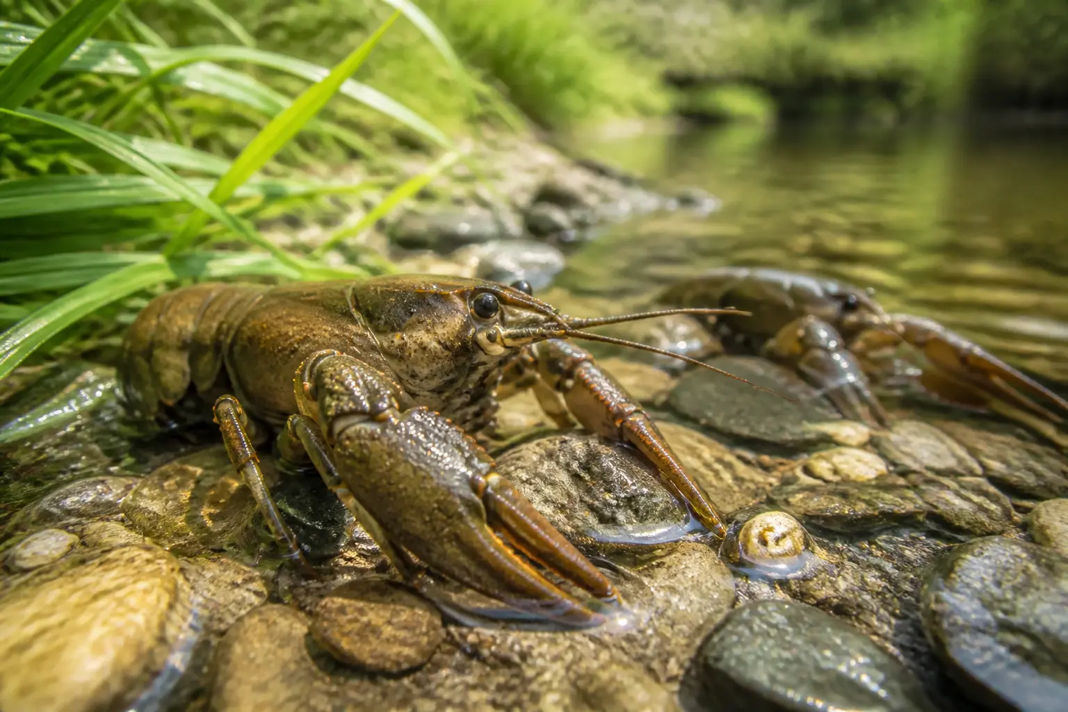 Écrevisse en gros plan sur berge rocheuse d’une rivière, eau claire, plantes aquatiques et second spécimen flou au fond