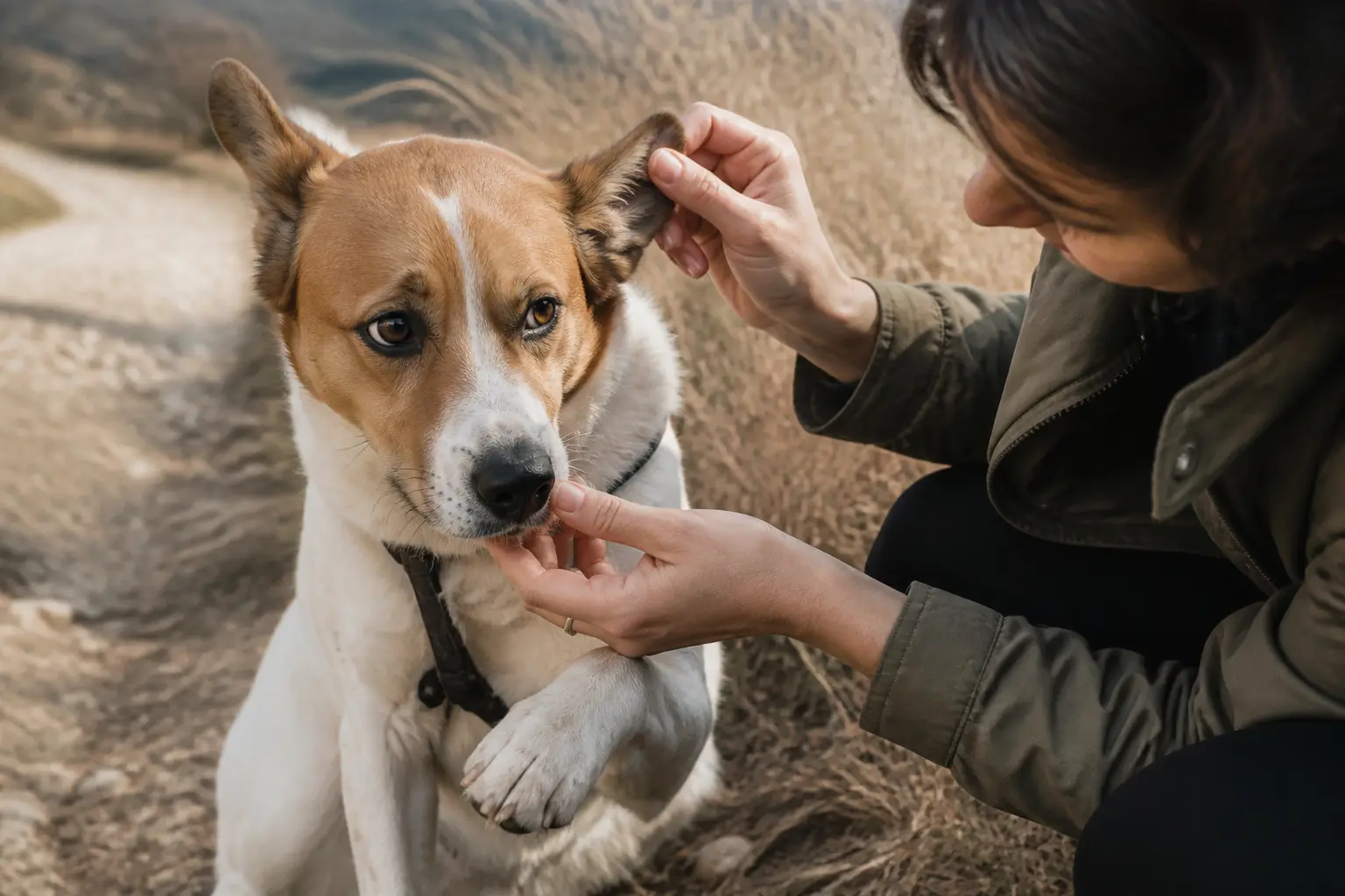 Épillet chien : propriétaire inspectant oreille, œil, patte et nez d’un chien inquiet après une balade dans les herbes sèches