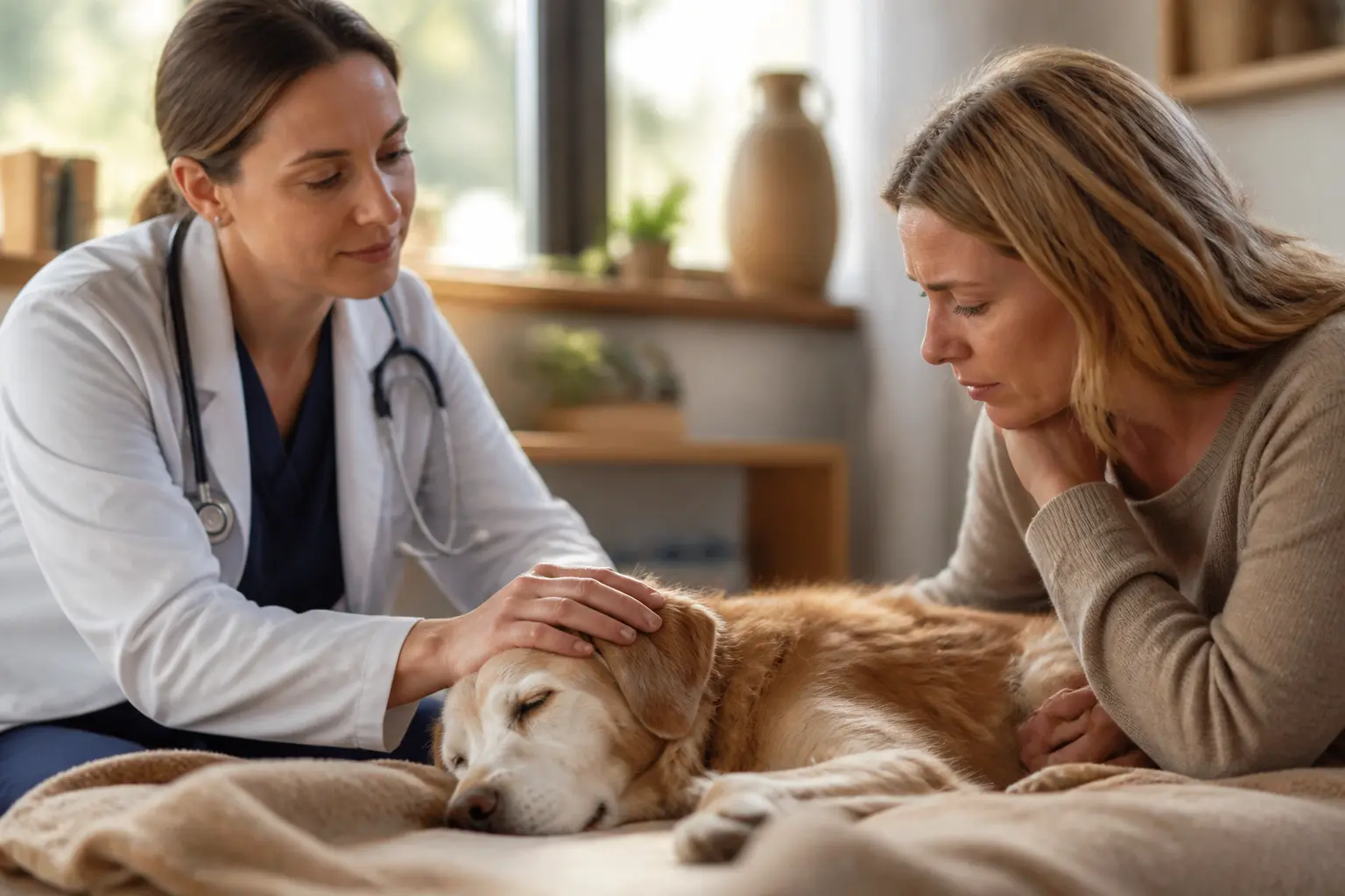Euthanasie chien en clinique chaleureuse : vétérinaire rassurant un chien âgé, maître ému à ses côtés.