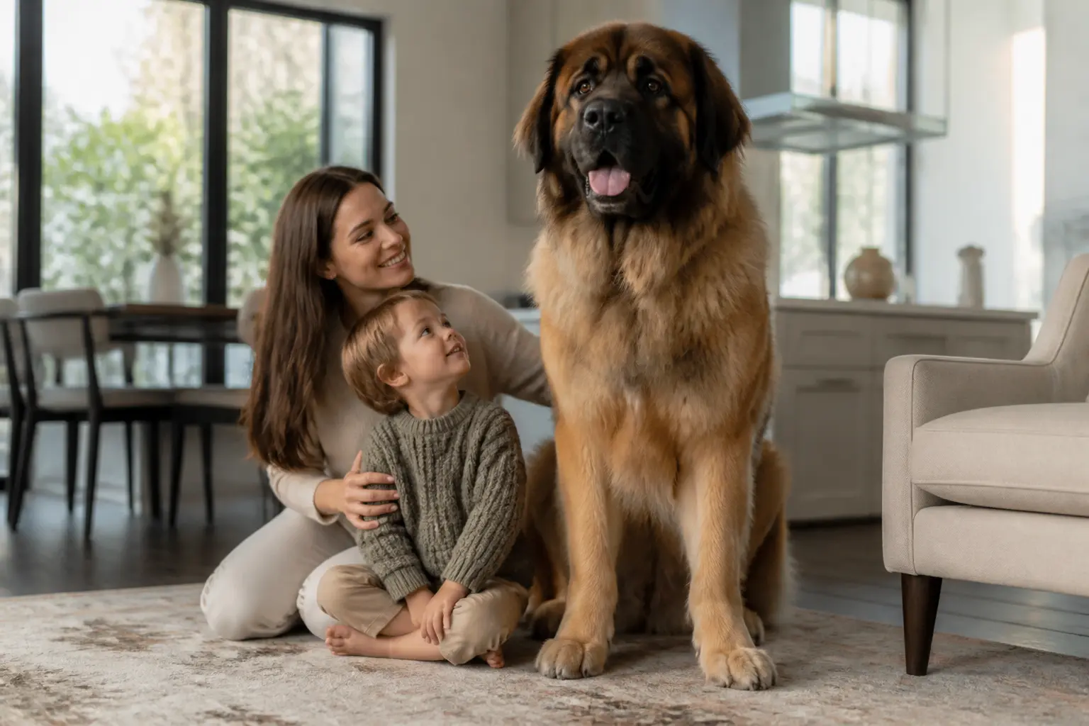 Gros chien majestueux dans un intérieur lumineux, calme près d’une famille, ambiance chaleureuse et réaliste