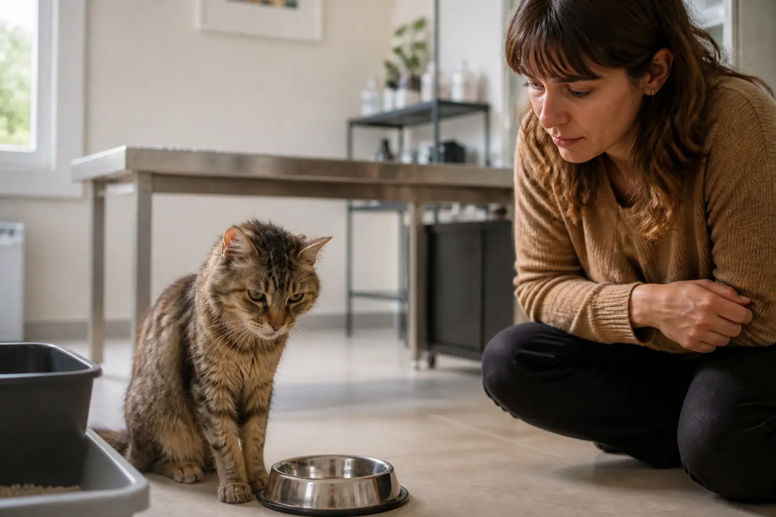 Propriétaire inquiet observant un chat adulte amaigri près d’une gamelle, contexte d’insuffisance rénale chat en consultation vétérinaire