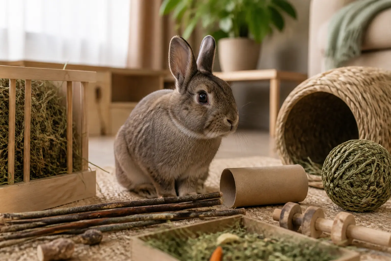 Lapin nain curieux avec jouet pour lapin, foin, branches de saule et accessoires d’enrichissement à la maison