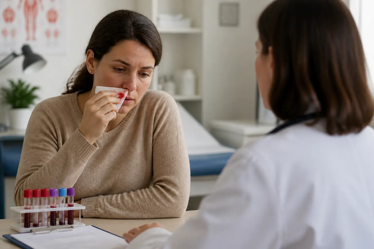 Patient en clinique avec saignement de nez léger, contexte médical sur la maladie willebrand, ambiance rassurante.