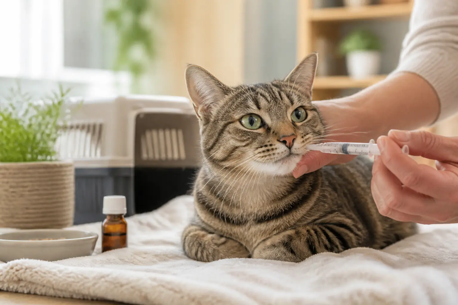 Metacam chat : chat calme en soin vétérinaire, seringue orale près de la bouche, flacon de médicament à côté.