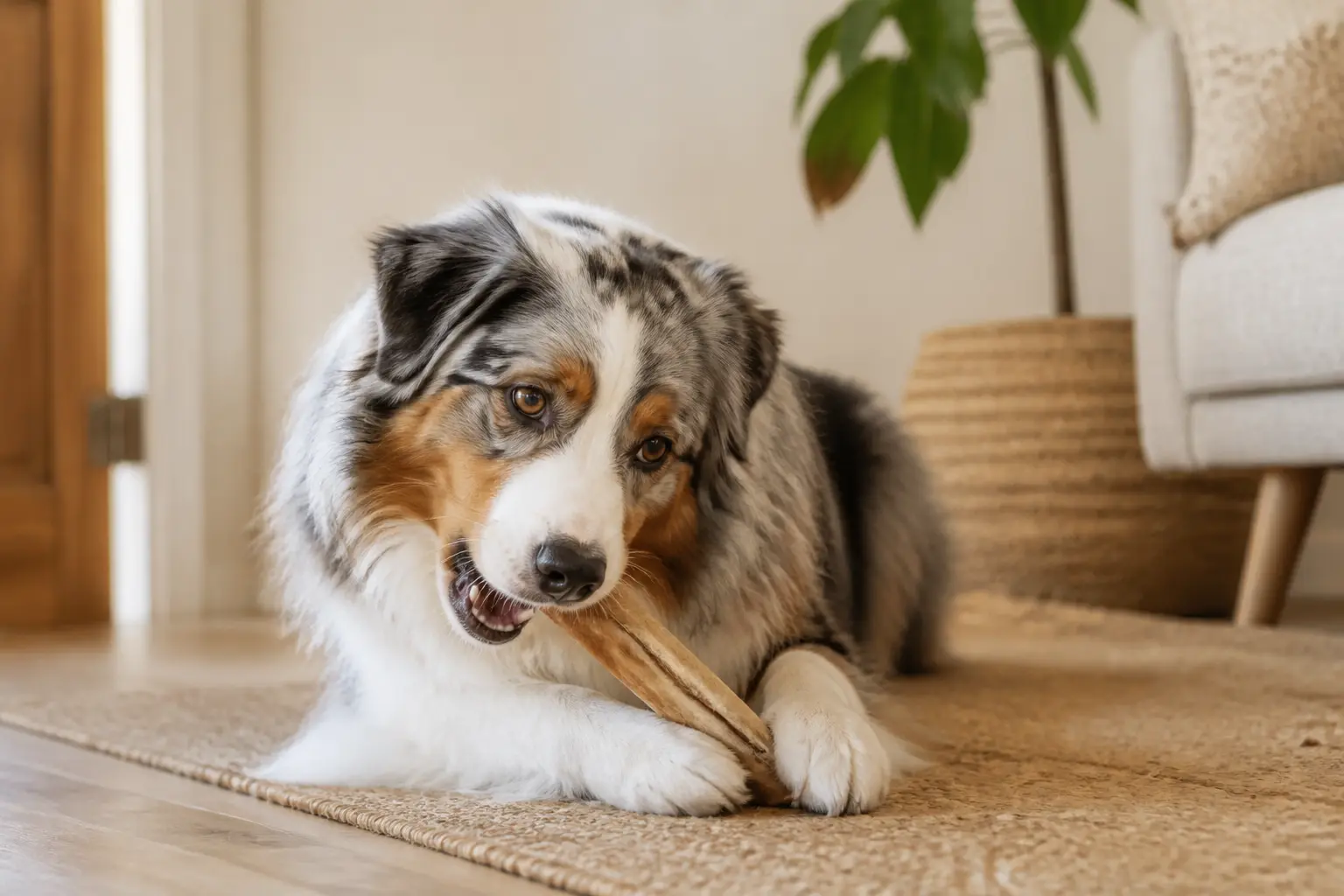 Chien adulte mâchant un nerf de boeuf à la maison, ambiance chaleureuse et naturelle, fond épuré pour blog