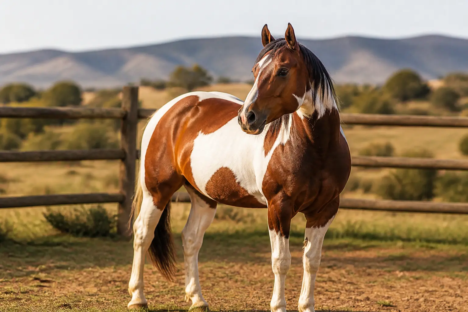 Paint horse américain au ranch, robe piebald, allure calme, clôture en bois et prairie sous lumière naturelle.