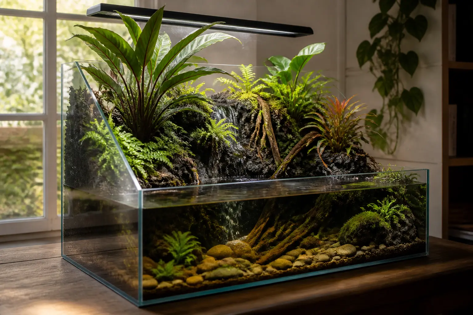 Paludarium tropical en verre avec plantes luxuriantes, mousse, roches, zone aquatique et cascade douce, lumière naturelle.