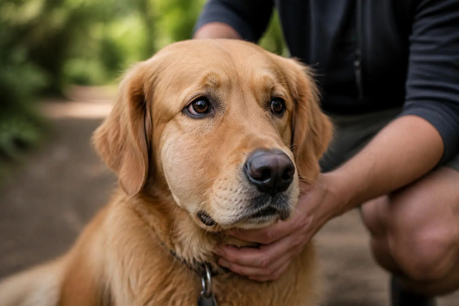 Chien inquiet avec légère enflure au museau, surveillé par son maître, évoquant une piqure frelon asiatique en extérieur