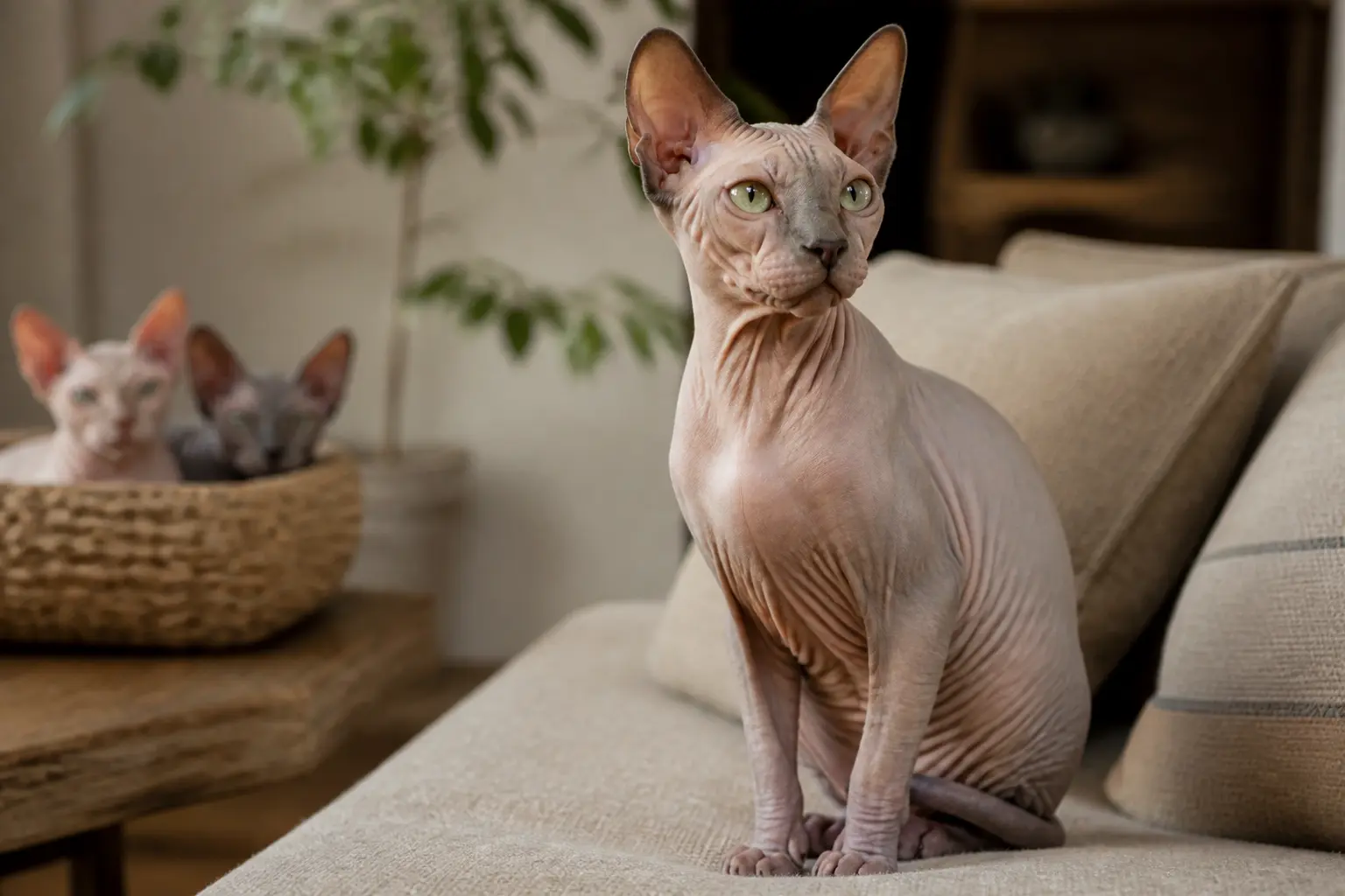 Chat Sphynx élégant en intérieur, illustration d’une race chat sans poil, ambiance chaleureuse et naturelle