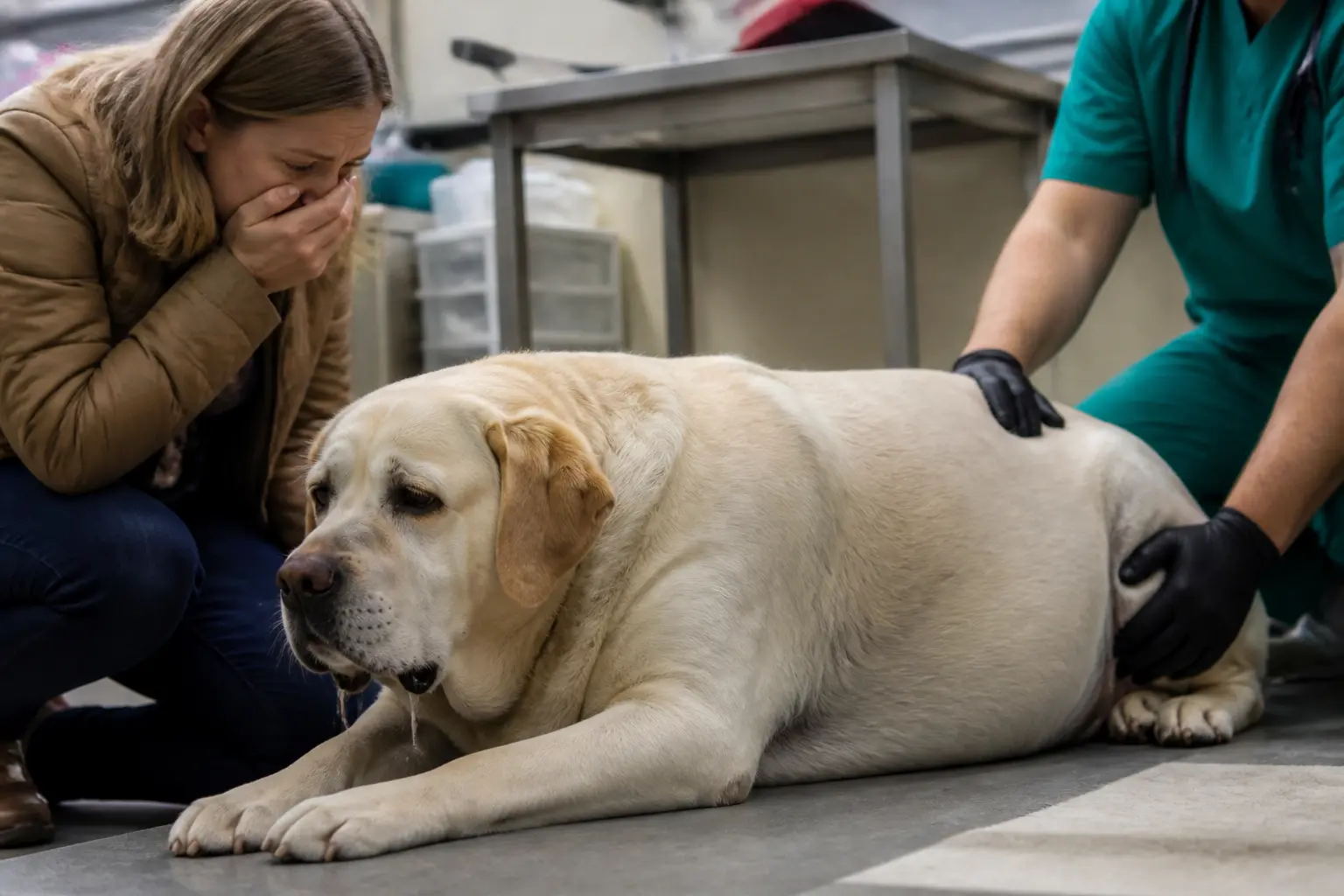 Chien de grande race en urgence vétérinaire, signes de douleur abdominale liés au retournement estomac chien, maître inquiet.