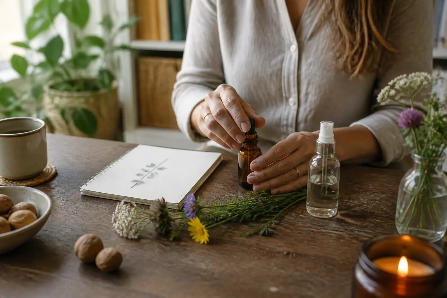 Stress et fleurs de bach sur une table en bois avec flacon, spray, fleurs sauvages et carnet, mains les disposant.