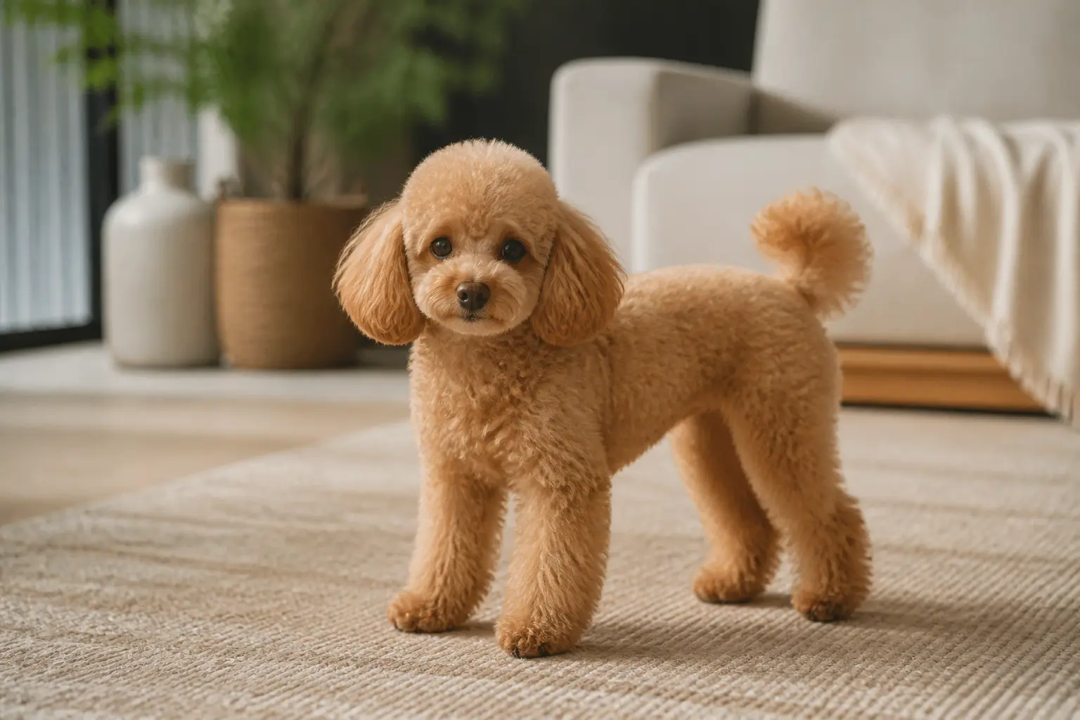 Toy poodle élégant en intérieur, debout sur un sol neutre, pelage bouclé soigné, regard alerte et affectueux